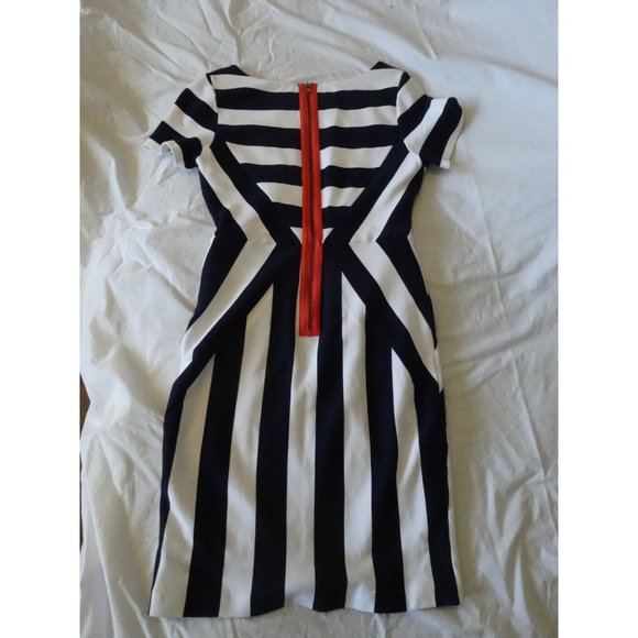 ESLEY Women's White Navy Orange Striped Knit Fitted Dress Back Zipper Sz Small - Picture 6 of 7